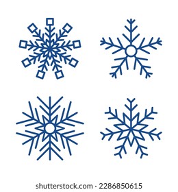 Recogida de copos de nieve en invierno. Conjunto de cuatro copos de nieve azules con estilo de línea sobre fondo blanco. Elementos decorativos de Navidad y Año Nuevo. Ilustración del vector
