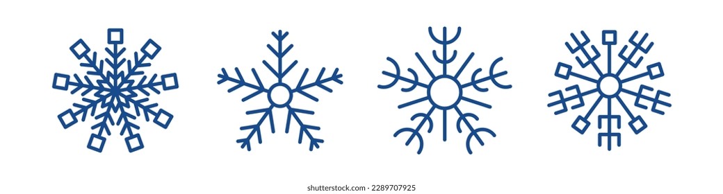 Snowflakes winter collection. Set of four blue snowflakes in line style on white background. Christmas and New Year decoration elements. Vector illustration