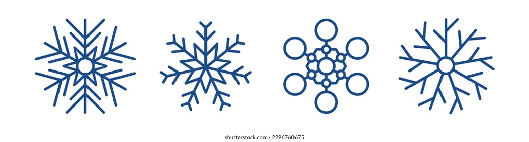 Snowflakes winter collection. Set of four blue snowflakes in line style on white background. Christmas and New Year decoration elements. Vector illustration