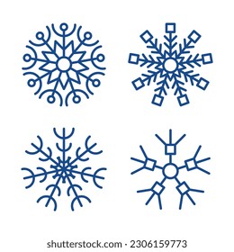 Schneeflocken Winterkollektion. Satz von vier blauen Schneeflocken im Linienstil auf weißem Hintergrund. Weihnachts- und Neujahrsdekoration. Vektorgrafik