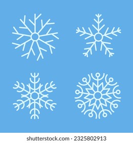 Snowflakes winter collection. Set of four white snowflakes in line style on blue background. Christmas and New Year decoration elements. Vector illustration