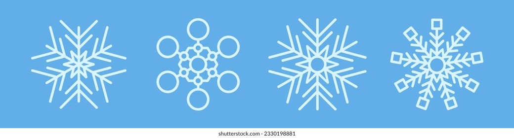 Recogida de copos de nieve en invierno. Conjunto de cuatro copos de nieve blancos en estilo de línea sobre fondo azul. Elementos decorativos de Navidad y Año Nuevo. Ilustración del vector