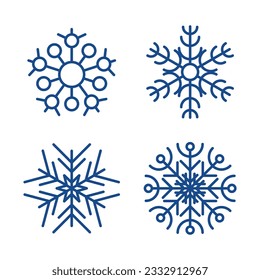 Snowflakes winter collection. Set of four blue snowflakes in line style on white background. Christmas and New Year decoration elements. Vector illustration