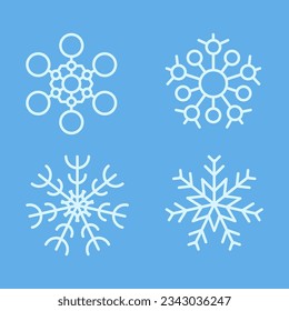 Recogida de copos de nieve en invierno. Conjunto de cuatro copos de nieve blancos en estilo de línea sobre fondo azul. Elementos decorativos de Navidad y Año Nuevo. Ilustración del vector