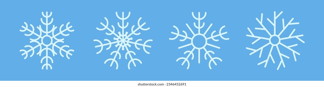Snowflakes winter collection. Set of four white snowflakes in line style on blue background. Christmas and New Year decoration elements. Vector illustration