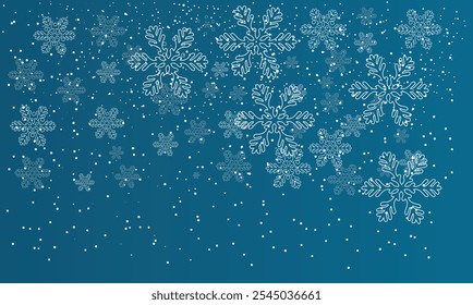 Snowflakes  winter dust ice particles. Snowfall weather white teal dark blue background. Many snowflakes january theme. Snow hurricane scenery, Magic nature fantasy snowfall.