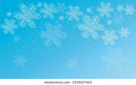 Snowflakes  winter dust ice particles. Snowfall weather white teal blue background. Many snowflakes january theme. Snow hurricane scenery, Magic nature fantasy snowfall.