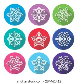 Snowflakes, winter flat design, long shadow icons set