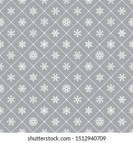 Snowflakes winter geometric regular seamless pattern. Square check, plaid, lattice texture. Simple background with different snow flakes, crystals. Flat style New Year, Christmas ornamentation .