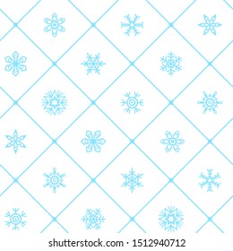 Snowflakes winter geometric regular seamless pattern. Square check, plaid, lattice texture. Simple background with different snow flakes, crystals. Flat style New Year, Christmas ornamentation .