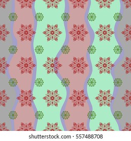 Snowflakes winter New Year 2018 pattern. Vector seamless pattern in red and green colors on wave background.