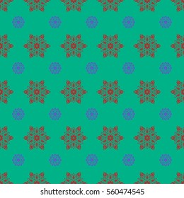 Snowflakes winter New Year 2018 seampless pattern on a green background.