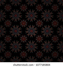 Snowflakes winter New Year frame. Vector seamless pattern in orange, blue and red colors on black background.