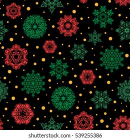 Snowflakes winter New Year frame in red, green and yellow colors.