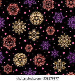 Snowflakes winter New Year frame in brown, pink and purple colors.