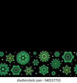 Snowflakes winter New Year frame in green and blue colors with copy space (place for your text).