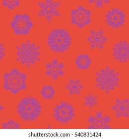 Snowflakes winter New Year frame on orange background.