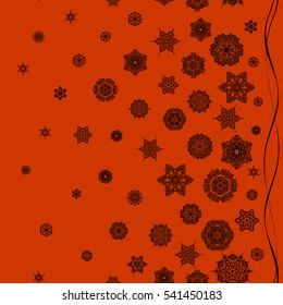 Snowflakes winter New Year frame on orange background.