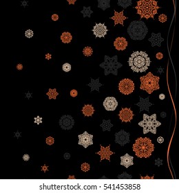 Snowflakes winter New Year frame in gray, beige and orange colors.