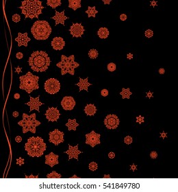 Snowflakes winter New Year frame. Vector seamless pattern in orange colors on black background.