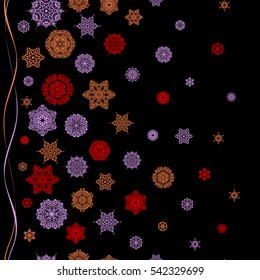 Snowflakes winter New Year frame. Vector seamless pattern in orange and red colors on black background.