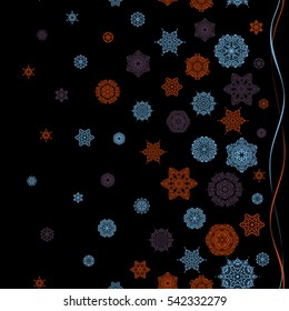 Snowflakes winter New Year frame in purple, orange and blue colors.