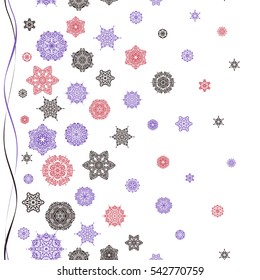 Snowflakes winter New Year frame. Vector seamless pattern in pink, brown and violet colors on white background.