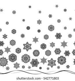 Snowflakes winter New Year frame in black colors.