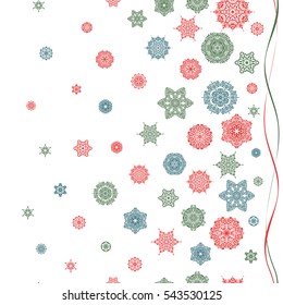 Snowflakes winter New Year frame in pink, green and blue colors.