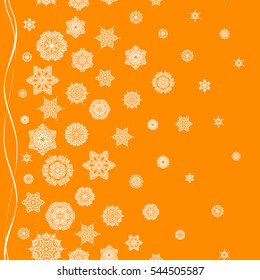 Snowflakes winter New Year frame on orange background.