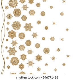 Snowflakes winter New Year frame. Vector seamless pattern in brown colors on white background.