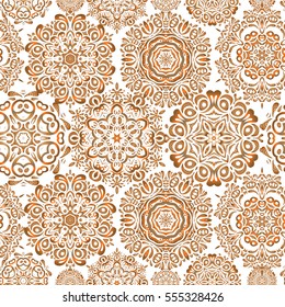 Snowflakes winter New Year frame. Vector seamless pattern in orange, beige and brown colors on white background.