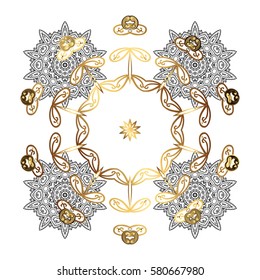 Snowflakes winter New Year frame in white colors with golden elements.