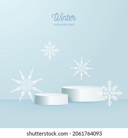 Snowflakes and winter platform against the snow background