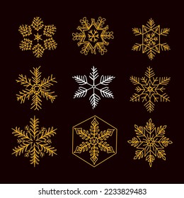 copos de nieve, icono de conjunto de invierno aislado de oro y blanco beactante sobre fondo negro.