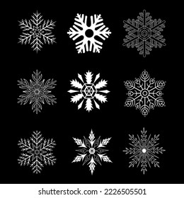 copos de nieve conjunto de invierno vector de icono aislado blanco obsceno sobre fondo negro.
