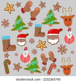 snowflakes winter star gift santa cookies star tree reindeer ornamental plants  cookie candy cane gloves socks icon isolated christmas  beactuful blue background.