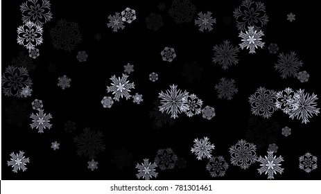 Snowflakes Winter Texture. Element of Design with Snow for a Postcard, Invitation Card, Banner, Flyer.  Vector Falling Snowflakes on a Blue Christmas Backdrop.