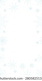 Snowflakes winter vertical frame copy-space. Snowfall. Seamless pattern composition with copyspace. Decorative border background for social media stories. Vector illustration. Flat 2D cartoon style