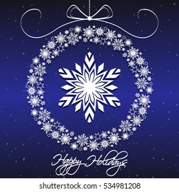 Snowflakes Wreath. Merry Christmas. Happy New Year. Happy Holidays. Vector Logo, Emblems, Design. For Greeting Cards, Gifts