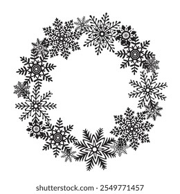 Corona de copos de nieve marco redondo. Plantilla con espacio de copia. Ilustración gráfica de Vector para Navidades y Año Nuevo. Estrellas de hielo para el diseño de vacaciones de invierno. Clipart aislado para el Diseño web, tarjeta, impresión, venta