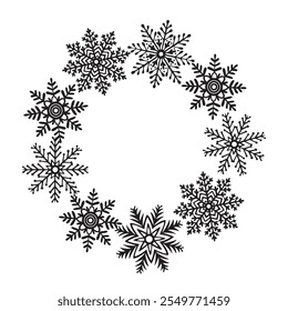 Corona de copos de nieve marco redondo. Plantilla con espacio de copia. Ilustración gráfica de Vector para Navidades y Año Nuevo. Estrellas de hielo para el diseño de vacaciones de invierno. Clipart aislado para el Diseño web, tarjeta, impresión, venta