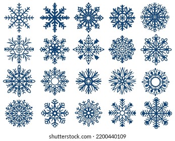 Snowflakes xmas collection design. Ice snow, isolated snowflake silhouette holiday graphic. Christmas decorations, decent stickers vector template