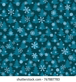snowflakes and xmas trees. light blue background. vector seamless pattern