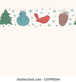 snowflakes,bird, walnut, spruce, snowman. vector horizontal seamless winter pattern. 