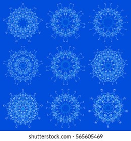 Snowflakes-mandala set of 9 pieces. Vector circular ornament. Round pattern. Design for signboard, greeting postcard, banner, label, plates, fabric, textile, napkin, logo template, labels and badges.