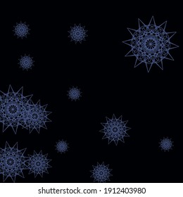 SnowflakesSharp Mandala Colorful Christmas Composition. Chaotic Black Indigo Gothic New Year Sky Background. Print Blue Christmas Dark Stars Design Pic. Winter Cold Mystery Folk Winter Pattern.