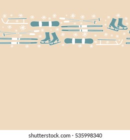 snowflakes,skis, sleds, skates, snowboard. vector horizontal seamless winter pattern. 