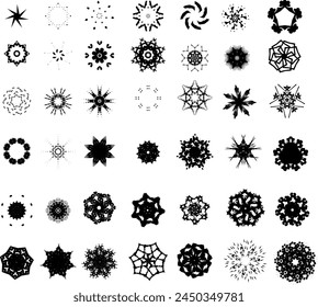 Snowflake-themed vector design for winter and chilly weather. photos of various ice crystals that have been stylized and decorated with stars, lines, curves, and geometric patterns.