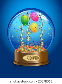 a snow-globe with colored confetti and balloons instead of snow